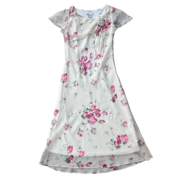 Dressbarn Women' 8 Ivory Cream Pink Floral Chiffon Short Sleeve Maxi Dress - Picture 7 of 16